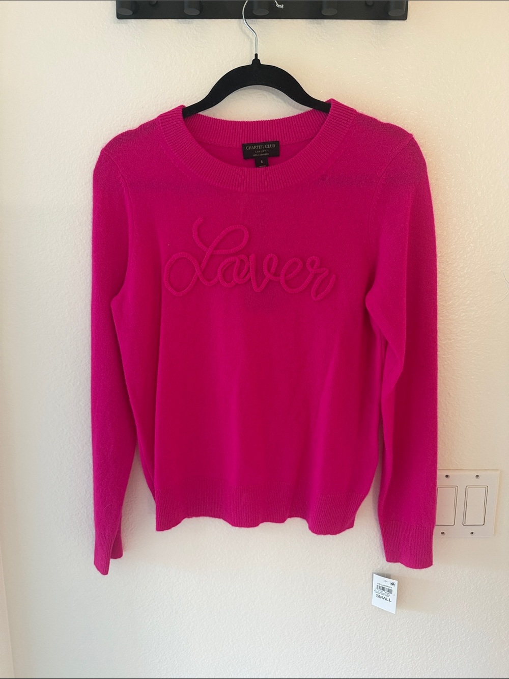 Charter Club Crewneck Sweater in Bright Fuchsia with 'Lover' Script